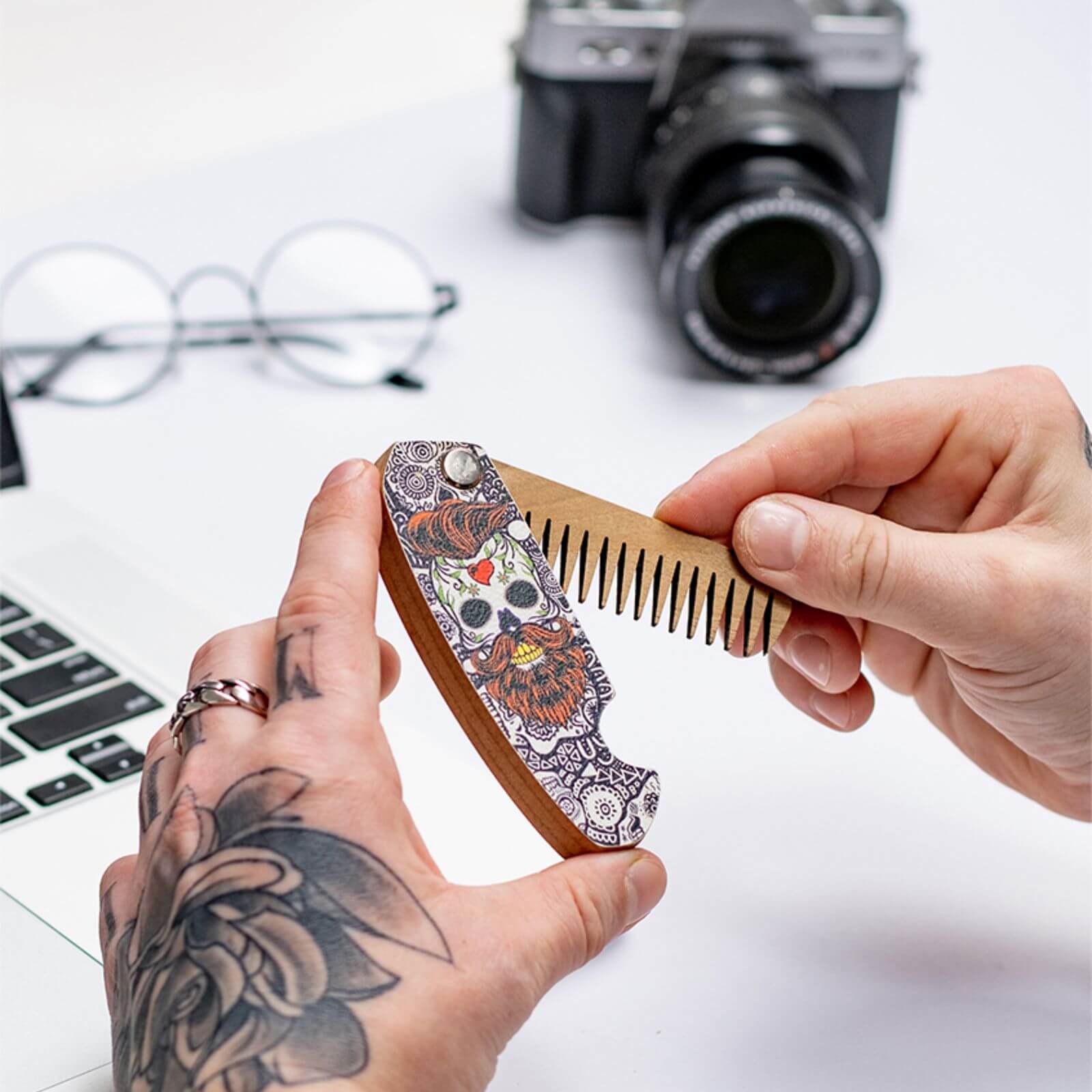 Wooden Beard Comb - Skull Light